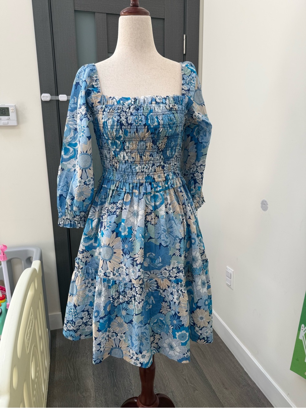 Blue Floral Smocked Square-Neck Midi Dress with Puff Sleeves